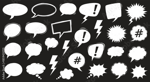 A large collection of white, grunge-textured comic speech bubbles, lightning bolts, and symbols on a black background for impactful, edgy designs.