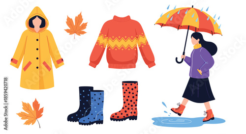 A cozy autumn collection featuring a girl with an umbrella, a yellow raincoat, a warm sweater, rubber boots, and falling maple leaves for seasonal designs.