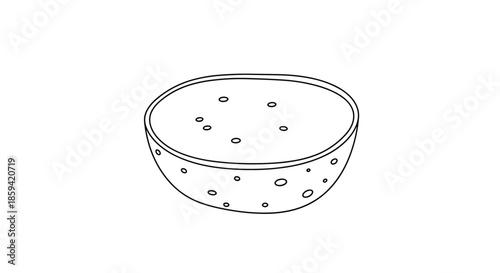 A simple black outline drawing of a bowl filled with liquid and small solids, like soup or cereal, depicted in a minimalist doodle style for food icons.