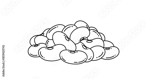 A simple black and white line drawing of a pile of beans, perfect for a coloring page, food packaging, or illustrating legumes and healthy protein.