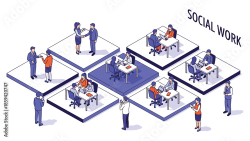 Isometric illustration of diverse people engaged in social work activities, interacting and using technology.