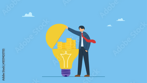Smart businessman open lightbulb idea and found compound money coins. Make money idea, innovation or technology investment or creativity to make profit.