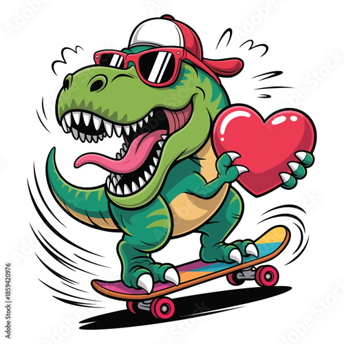 A super cool cartoon T-Rex dinosaur roaring with its mouth wide open. The dinosaur is skateboarding and holding a red heart in its hands.