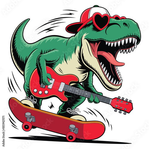T-Rex roars with dinosaur mouth open. Dinosaur is skateboarding on a red skateboard and playing an electric guitar.