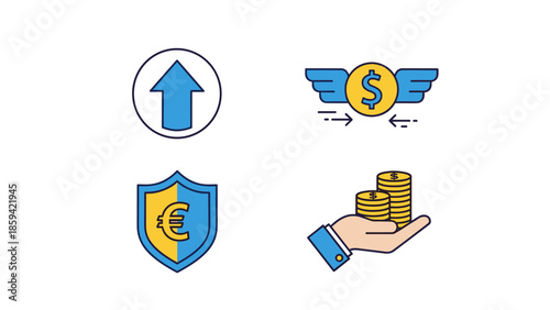 Financial growth and security represented by icons of upward trend, protected currency, and accumulating wealth.
