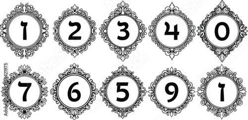 Vintage ornamental frame set with numbers for decorative labels wedding invitations formal numbering systems elegant classic borders and luxury Victorian style graphic designs.