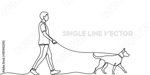 Man walking his dog on a leash in minimalist style. Vector illustration