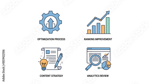 Illustration of Optimization Process, Content Strategy and Analytics Review for Business Improvement