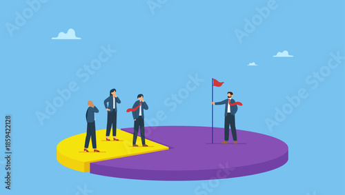 Success entrepreneur or businessman holding flag standing on pie chart win over competitors. Business winning market share, earn high percentage of product sale, company achieve profit growth.