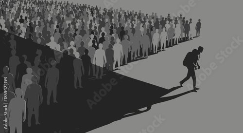 Lone Man Walking Through Crowd