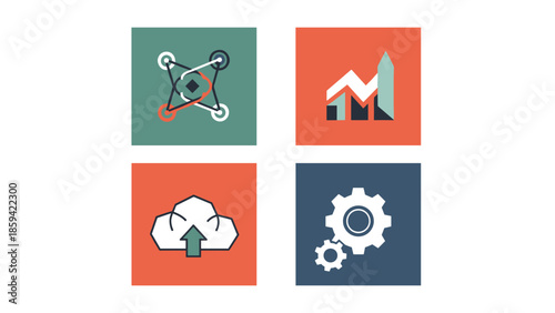 A set of four icons representing technology and data analysis on a white background