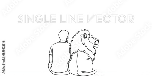 Man and lion sitting together single line art. Vector illustration