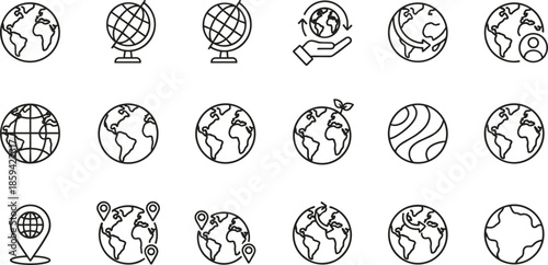 Outline Vector Icon Set Featuring Diverse Globe Earth Projections Map Pins Global Navigation and International Connectivity Interface Symbols