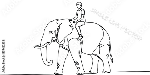 Single line drawing of a man riding a large elephant. Vector illustration