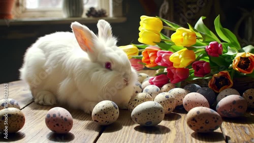 White Easter Bunny with Colorful Eggs and Spring Flowers on Rustic Wooden Table.
