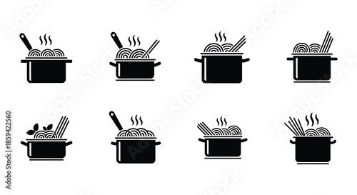Black and white illustration of various cooking pots and kitchen utensils