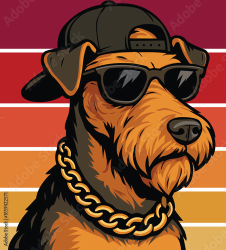 Cool Airedale Terrier Dog Vector in Sunglasses and Gold Chain. This stylized mascot portrait features the terrier wearing dark sunglasses, a backward baseball cap, and a chunky gold chain.
