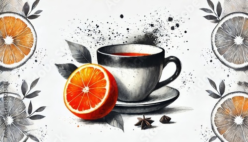 Coffee cup with orange slice and spices watercolor illustration, ink splashes and botanical elements, cozy cafe still life