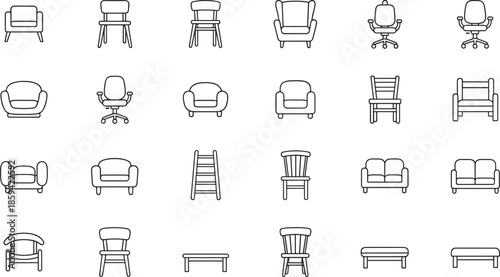 Outline Vector Icon Set Featuring Diverse Furniture Including Office Chairs Armchairs Sofas Benches and Ladders for Interior Design
