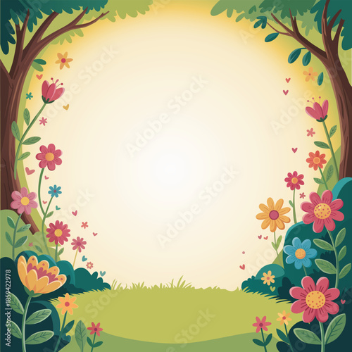 A charming forest frame with vibrant flowers and a bright open center