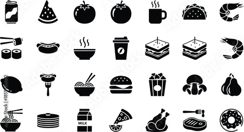 Solid Black Vector Icon Set Featuring Popular Global Food Dishes Snacks Beverages and Meals for Restaurant Menu Interfaces