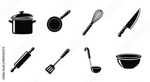 Black and white illustration of various cooking pots and kitchen utensils