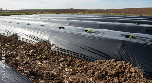 Medium shot showcasing thick black plastic sheeting over farmland emphasizing rugged durability and weed suppression in sustainable plasticulture practices.