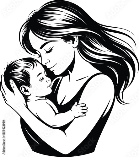 A tender moment mother lovingly cradles her sleeping baby in a beautiful sketch