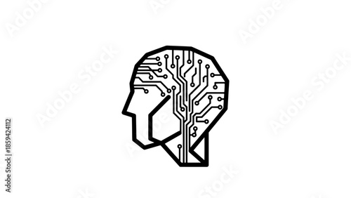 A stylized illustration of a human head with a circuit board pattern inside, representing the fusion of technology and human thought.