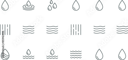 Outline Vector Icon Set Featuring Water Droplets Rain Ripples Waves and Liquid Environmental Symbols for Meteorological and Marine Design