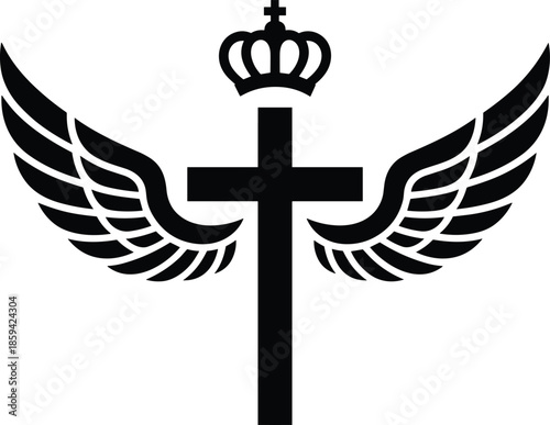 A striking black design featuring a winged cross topped with a regal crown symbol