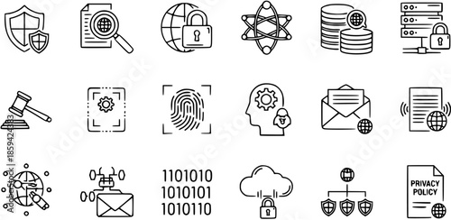 Cybersecurity, Data Privacy, and Digital Protection Line Icons Set