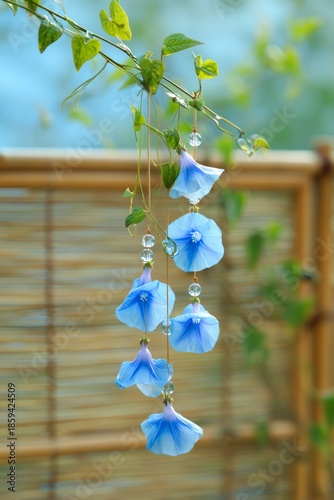A beautiful purple water lily and wild Veronica flowers bloom in a blue garden pond during a bright summer day, showcasing a macro close-up of delicate petals and lush green flora