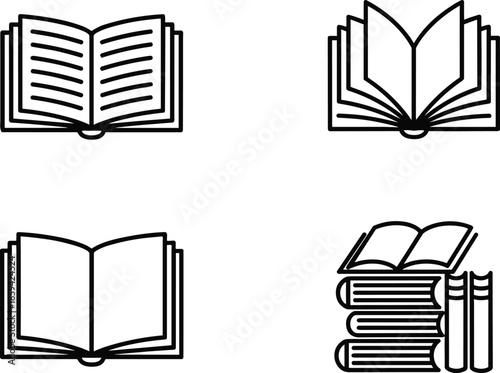 Outline Vector Icon Set Featuring Open Textbooks Stacked Literature Volumes and Reading Material Symbols for Academic Education Interfaces
