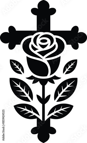 A black and white illustration featuring a rose blossoming beneath a gothic cross design
