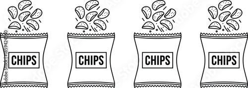 Outline Vector Icon Set Featuring Sealed Bags of Potato Chips with Flying Snack Pieces for Grocery Retail Design