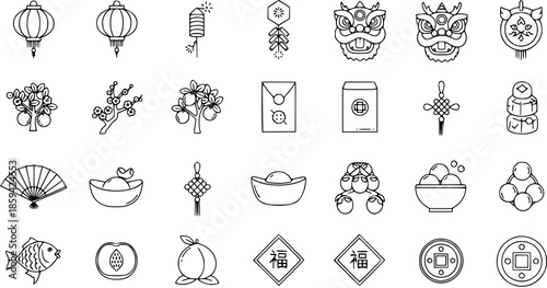 Chinese New Year and Lunar Holiday Cultural Line Art Icons Set