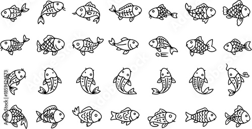Hand Drawn Doodle Fish Outline Icons Set. Simple Cartoon Line Art Collection.
