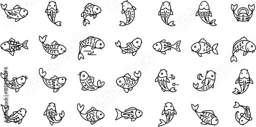 Hand Drawn Outline Fish Icons Set. Simple Cartoon Doodle Aquatic Animals Collection.