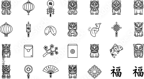 Chinese New Year and Lunar Festival Outline Icons Set - Cultural Symbols, Fortune, and Celebration