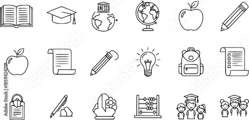 Education and Learning Icons: School Supplies, Graduation, and Ideas