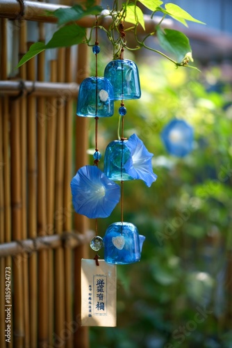 A blue bird feeder hanging on a tree branch serves as a decorative lantern providing food for birds amidst the winter nature of a garden