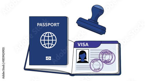 Passport with biometric data and visa stamps, isolated on a blue background