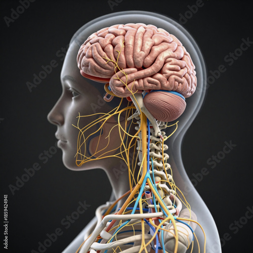 Detailed 3D illustration of female head and neck, showcasing brain and spinal cord with emphasis on neurological pathways