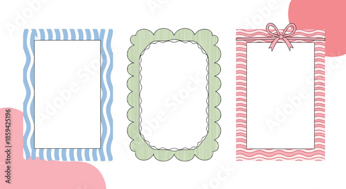 Three decorative rectangular frames with wavy scalloped and striped patterns in blue green and pink colors on white.