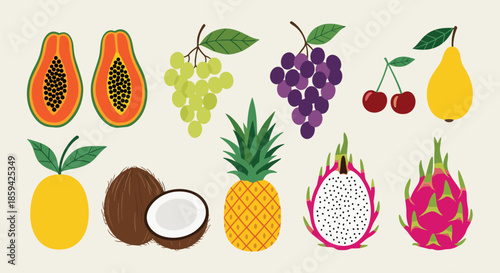 Collection of colorful flat fruit illustrations including papaya grapes cherries pear lemon coconut pineapple and dragon fruit.
