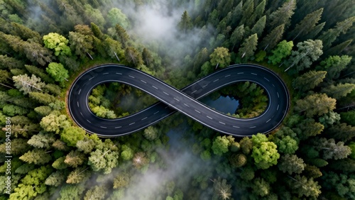 Aerial view of lush green forest featuring black winding carpet road shaped like infinity symbol across the canopy