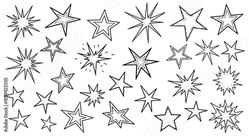 Set of hand drawn black outline star and explosion icons in various styles isolated on a white background.