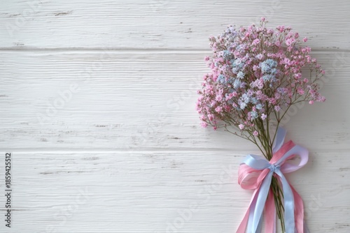 A beautiful bouquet of fresh pink and purple lilac flowers in a vintage vase sits on a wooden surface, capturing the floral beauty of a spring nature bloom in a closeup decoration