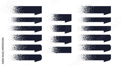 Collection of dark blue horizontal banner shapes with a pixelated or stippled disintegration effect on one end.